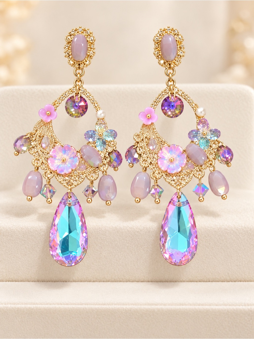 Gold-Plated Pink & Aqua Teardrop Floral Chandelier Earrings
